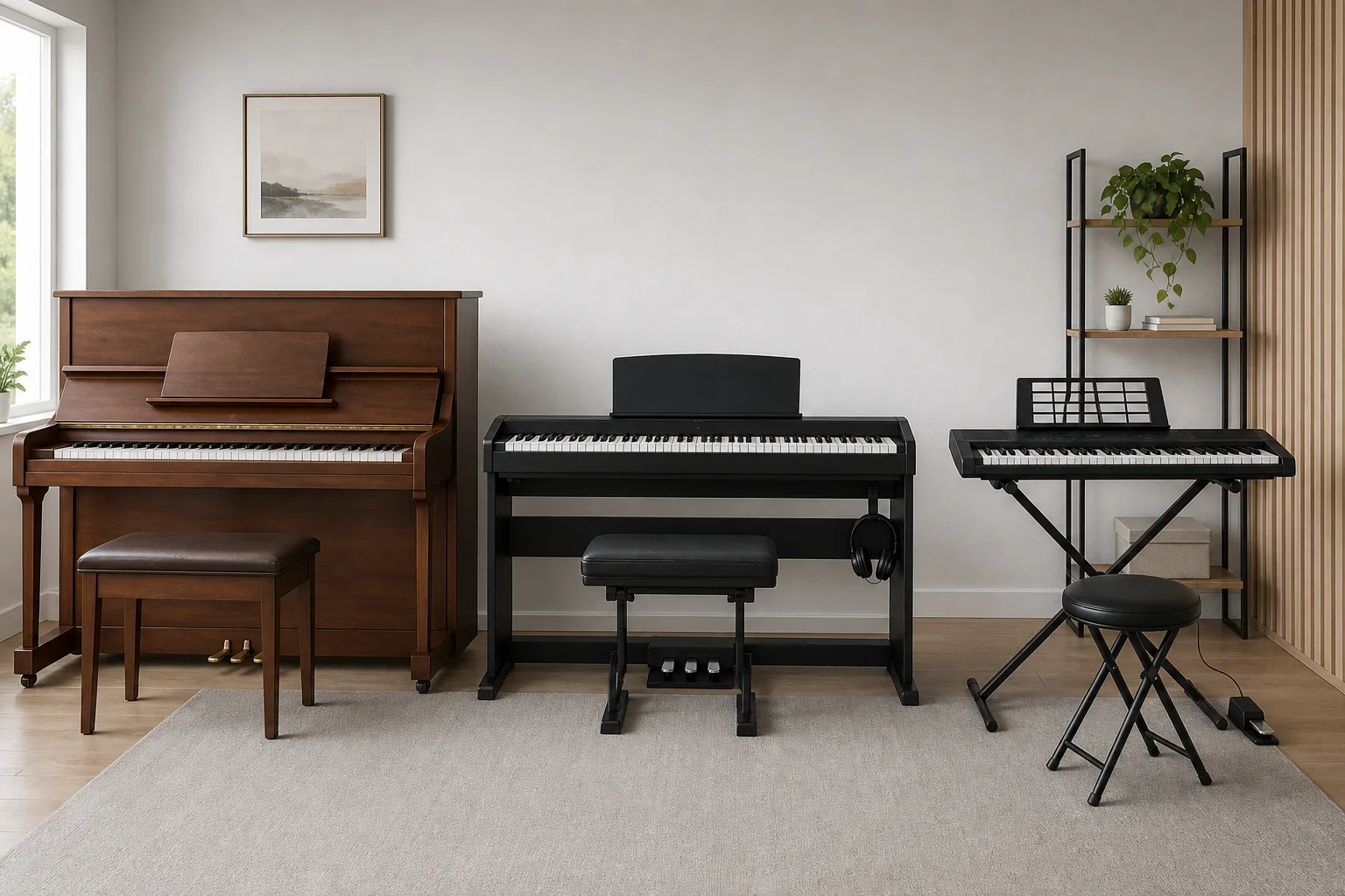 Piano cơ, piano điện 88 phím và keyboard gọn nhẹ được đặt cạnh nhau trong một góc tập
