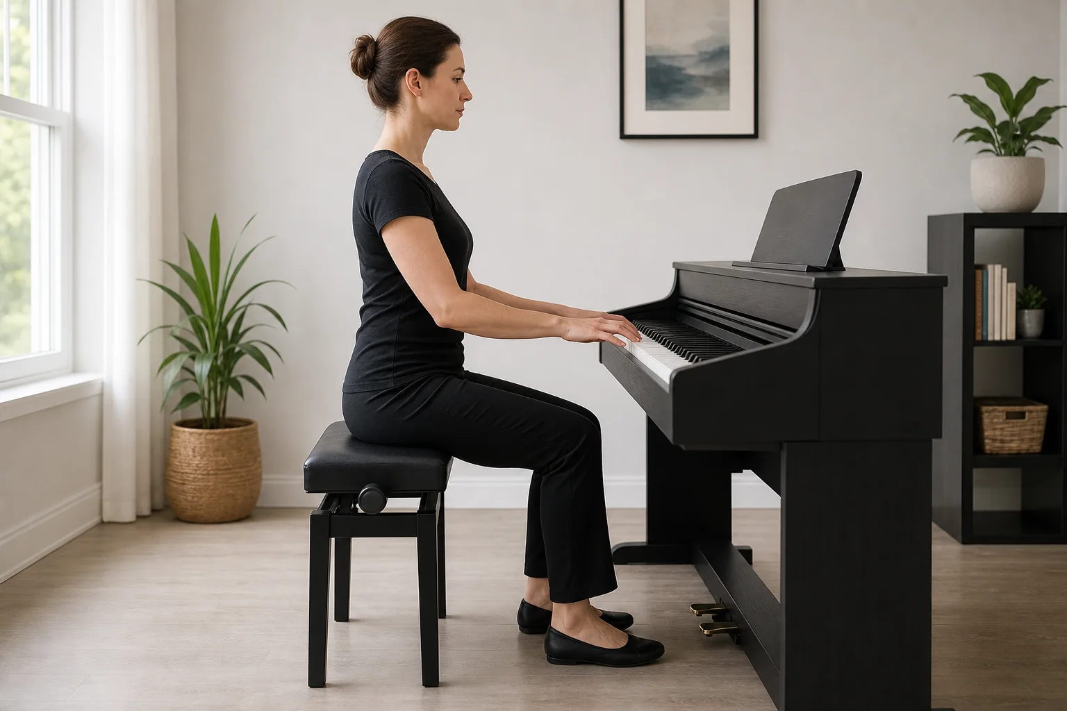 Người chơi piano nhìn nghiêng với ghế vững, vai thả lỏng, khuỷu gần ngang phím và hai chân chạm sàn